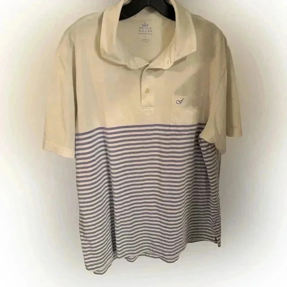 Peter Millar mountainside collection men’s polo shirt white w/blue stripes. Sz L